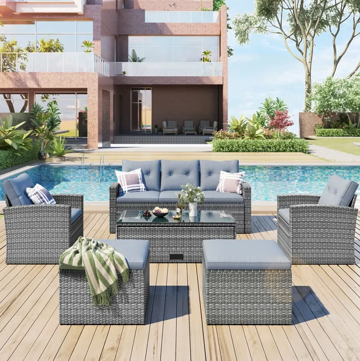 All-Weather Wicker PE Rattan Patio Outdoor Dining Conversation Sectional Set With Coffee Table, Wicker Sofas, Ottomans, Removable Cushions