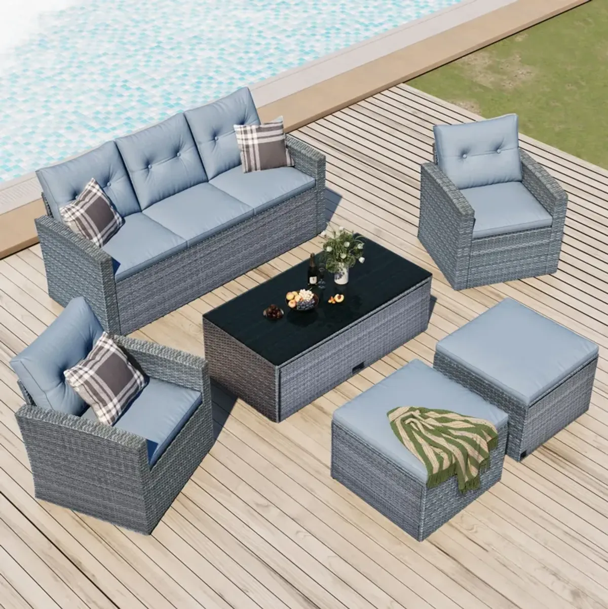 All-Weather Wicker PE Rattan Patio Outdoor Dining Conversation Sectional Set With Coffee Table, Wicker Sofas, Ottomans, Removable Cushions