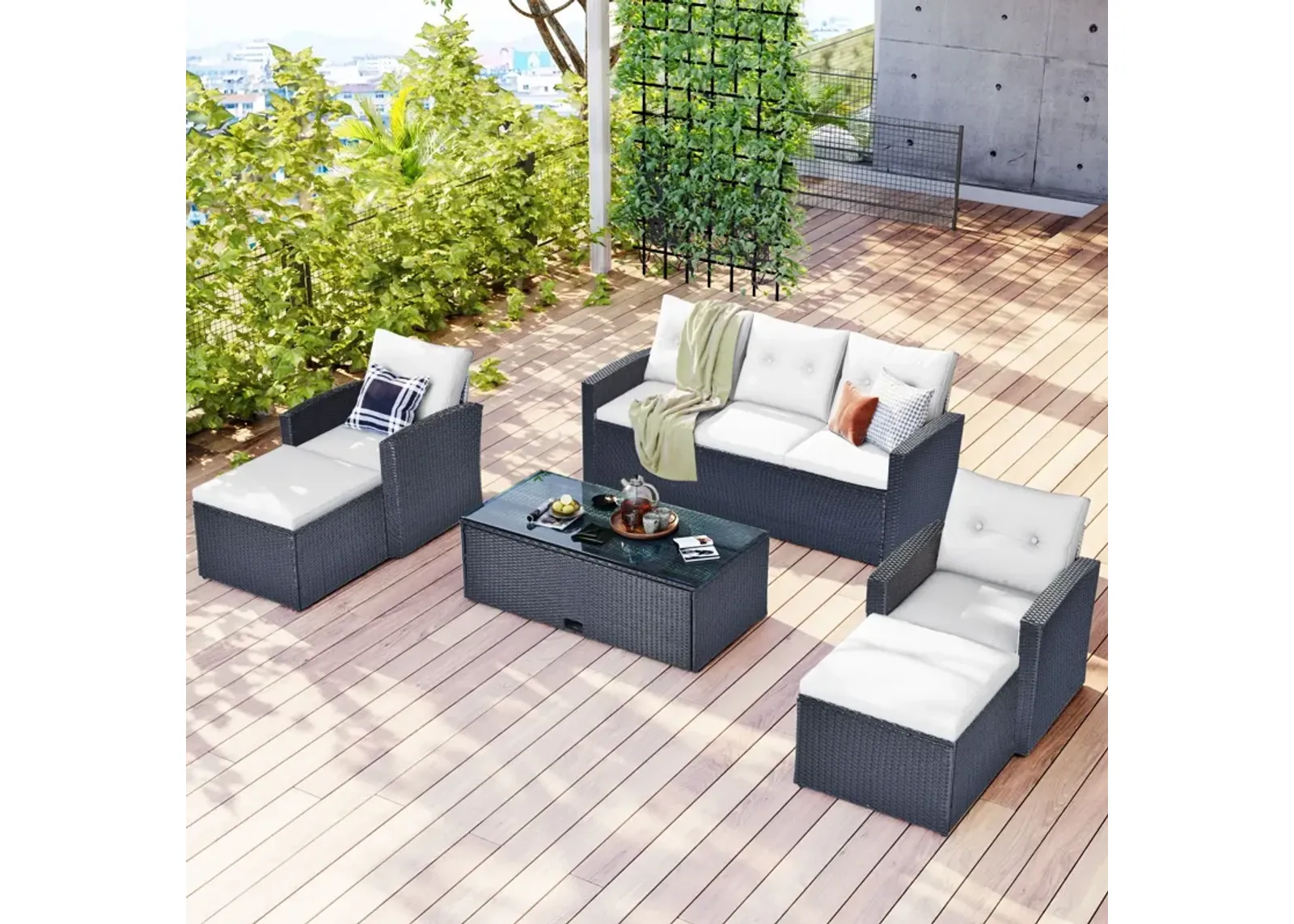 All-Weather Wicker PE Rattan Patio Outdoor Dining Conversation Sectional Set With Coffee Table, Wicker Sofas, Ottomans, Removable Cushions