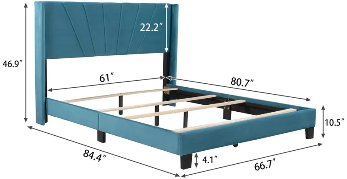 Queen Size Velvet Upholstered Platform Bed, Box Spring Needed