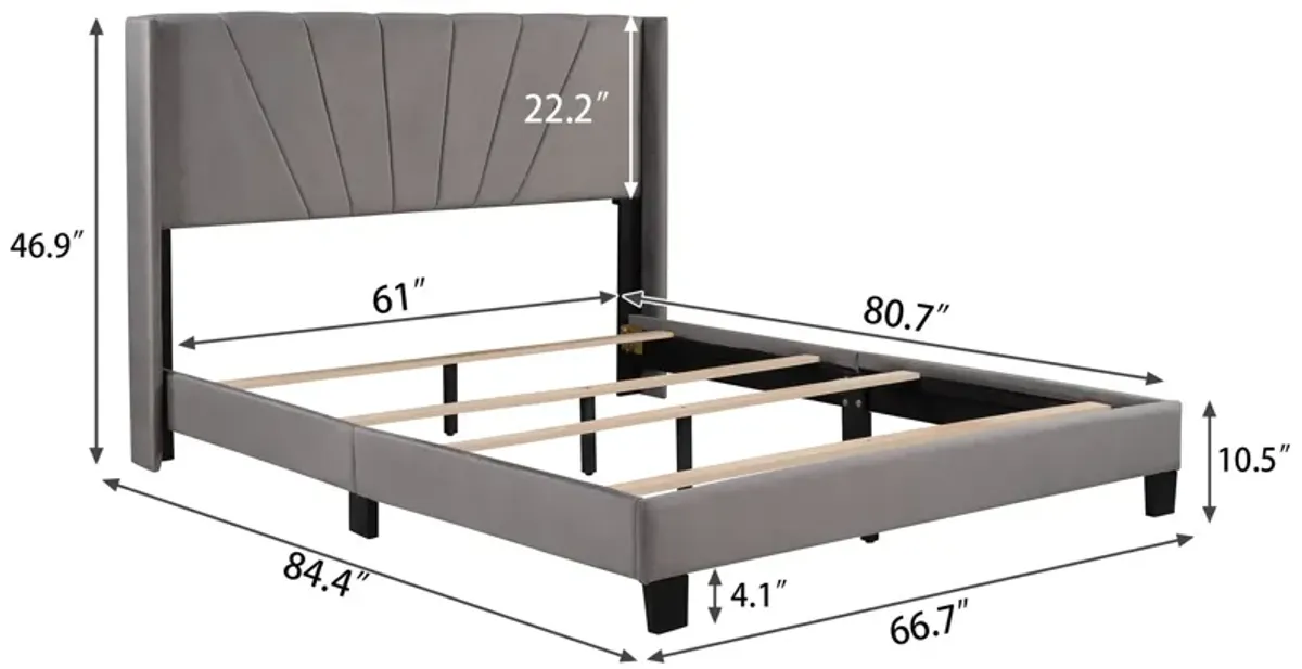 Queen Size Velvet Upholstered Platform Bed, Box Spring Needed