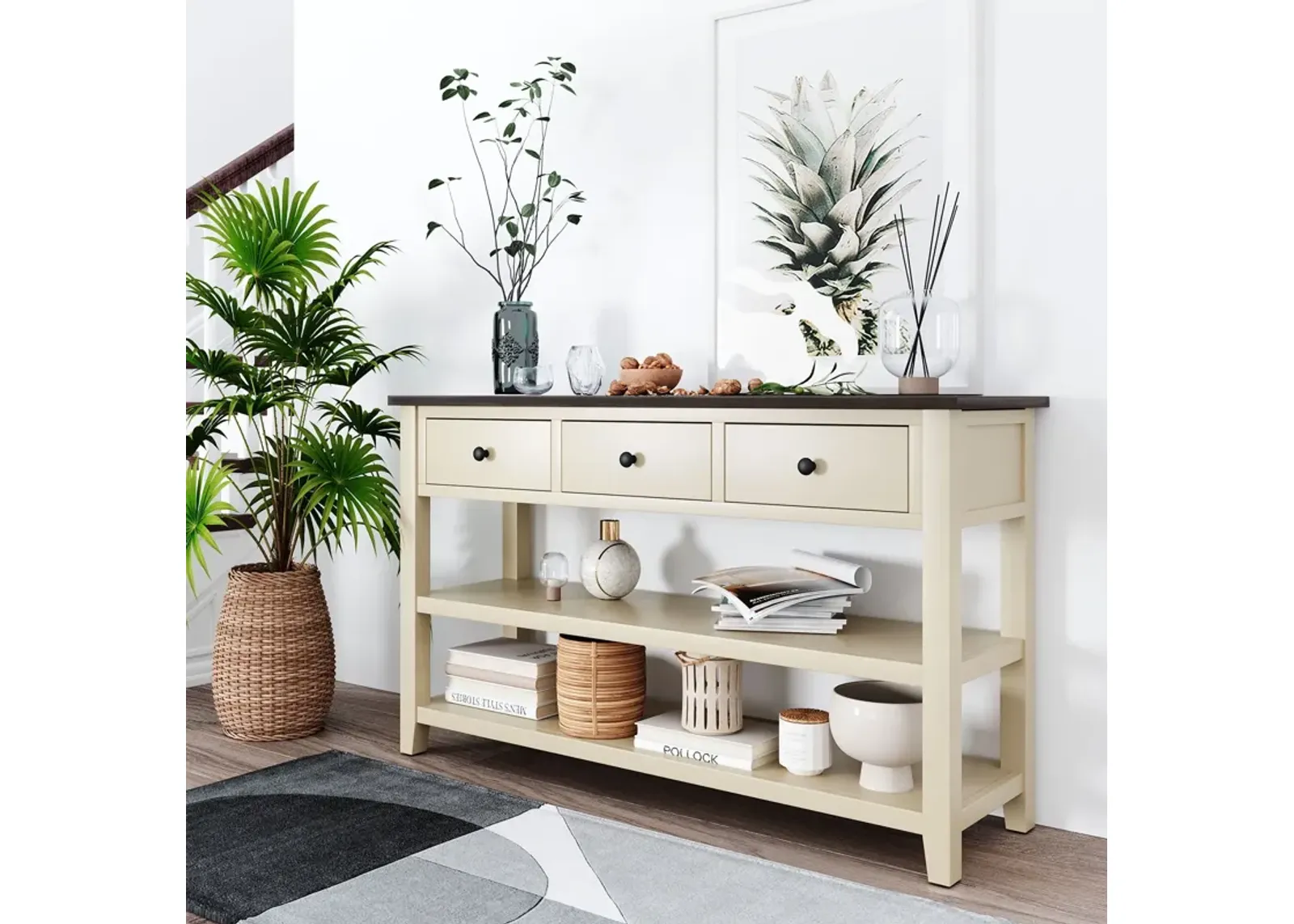 Retro Design Console Table With Two Open Shelves, Pine Frame And Legs For Living Room