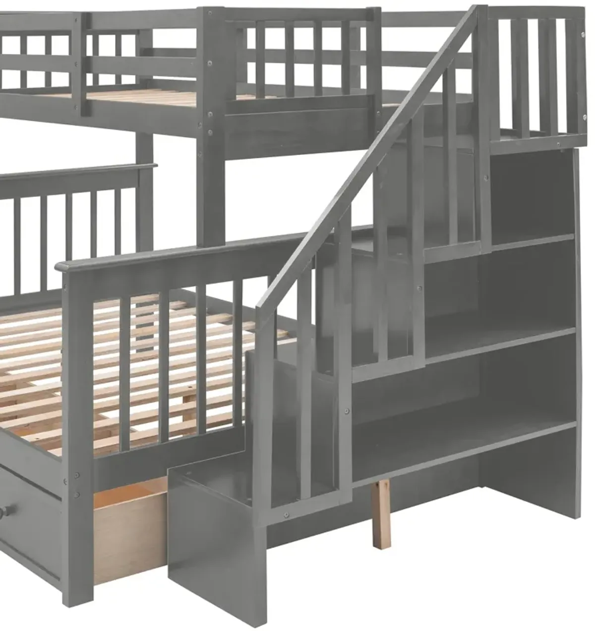 Twin Over Full Stairway Bunk Bed With Drawer, Storage And Guard Rail For Bedroom, Dorm, For Adults