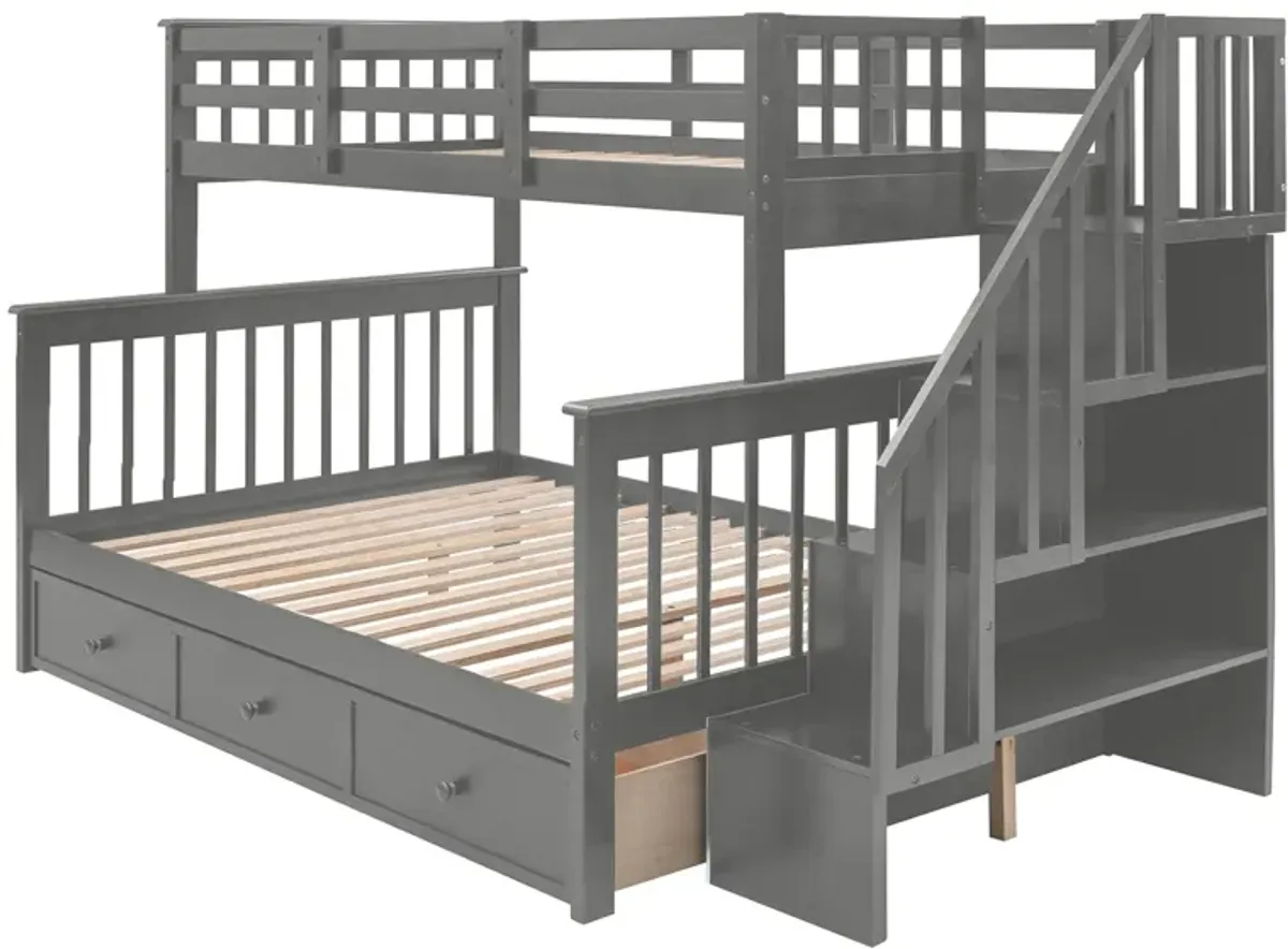 Twin Over Full Stairway Bunk Bed With Drawer, Storage And Guard Rail For Bedroom, Dorm, For Adults