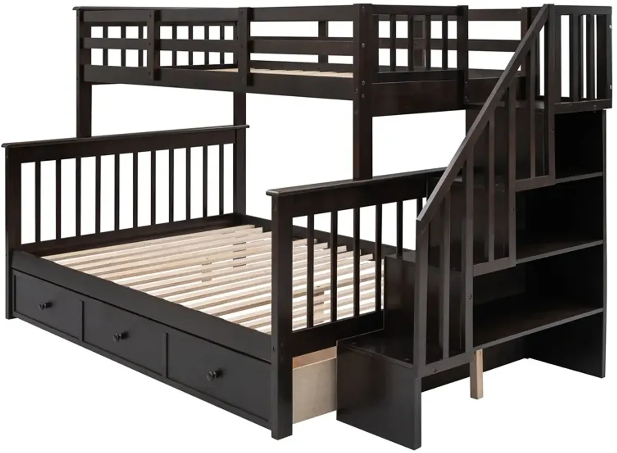 Twin Over Full Stairway Bunk Bed With Drawer, Storage And Guard Rail For Bedroom, Dorm, For Adults