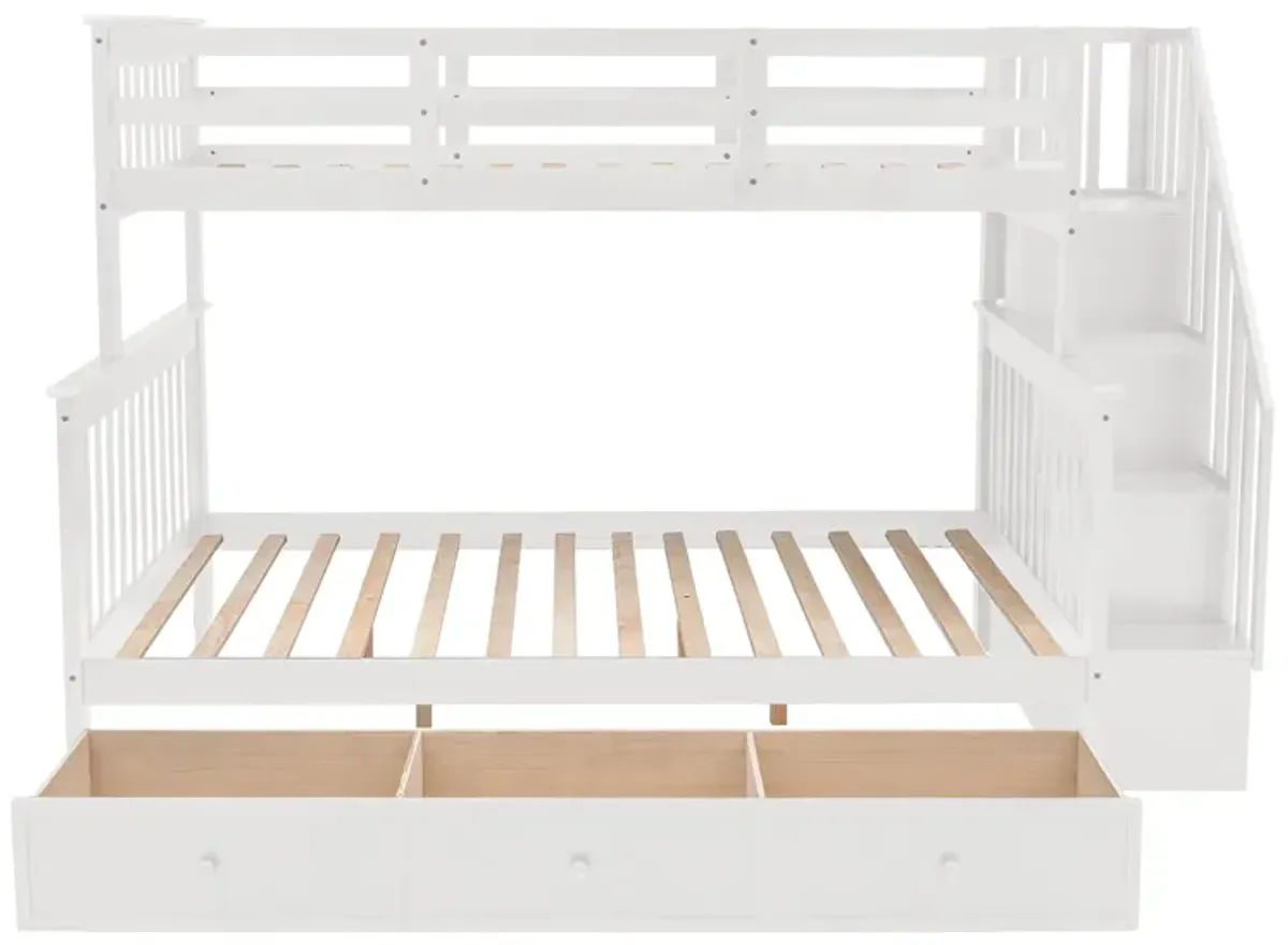 Twin Over Full Stairway Bunk Bed With Drawer, Storage And Guard Rail For Bedroom, Dorm, For Adults