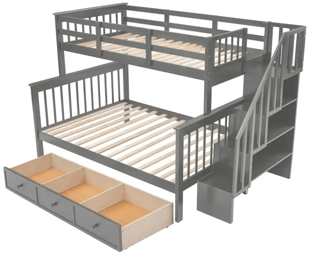 Twin Over Full Stairway Bunk Bed With Drawer, Storage And Guard Rail For Bedroom, Dorm, For Adults