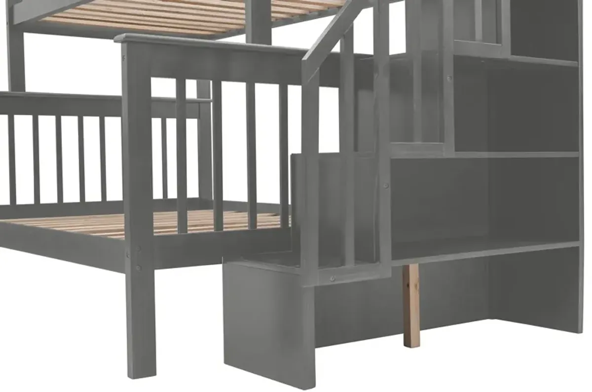 Twin Over Full Stairway Bunk Bed With Drawer, Storage And Guard Rail For Bedroom, Dorm, For Adults