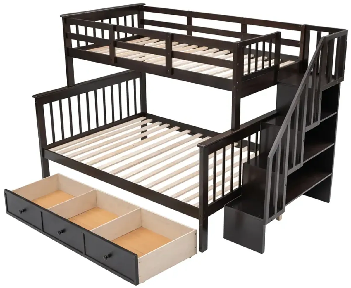 Twin Over Full Stairway Bunk Bed With Drawer, Storage And Guard Rail For Bedroom, Dorm, For Adults