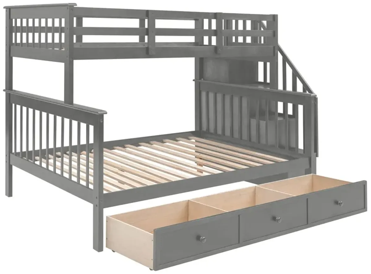 Twin Over Full Stairway Bunk Bed With Drawer, Storage And Guard Rail For Bedroom, Dorm, For Adults