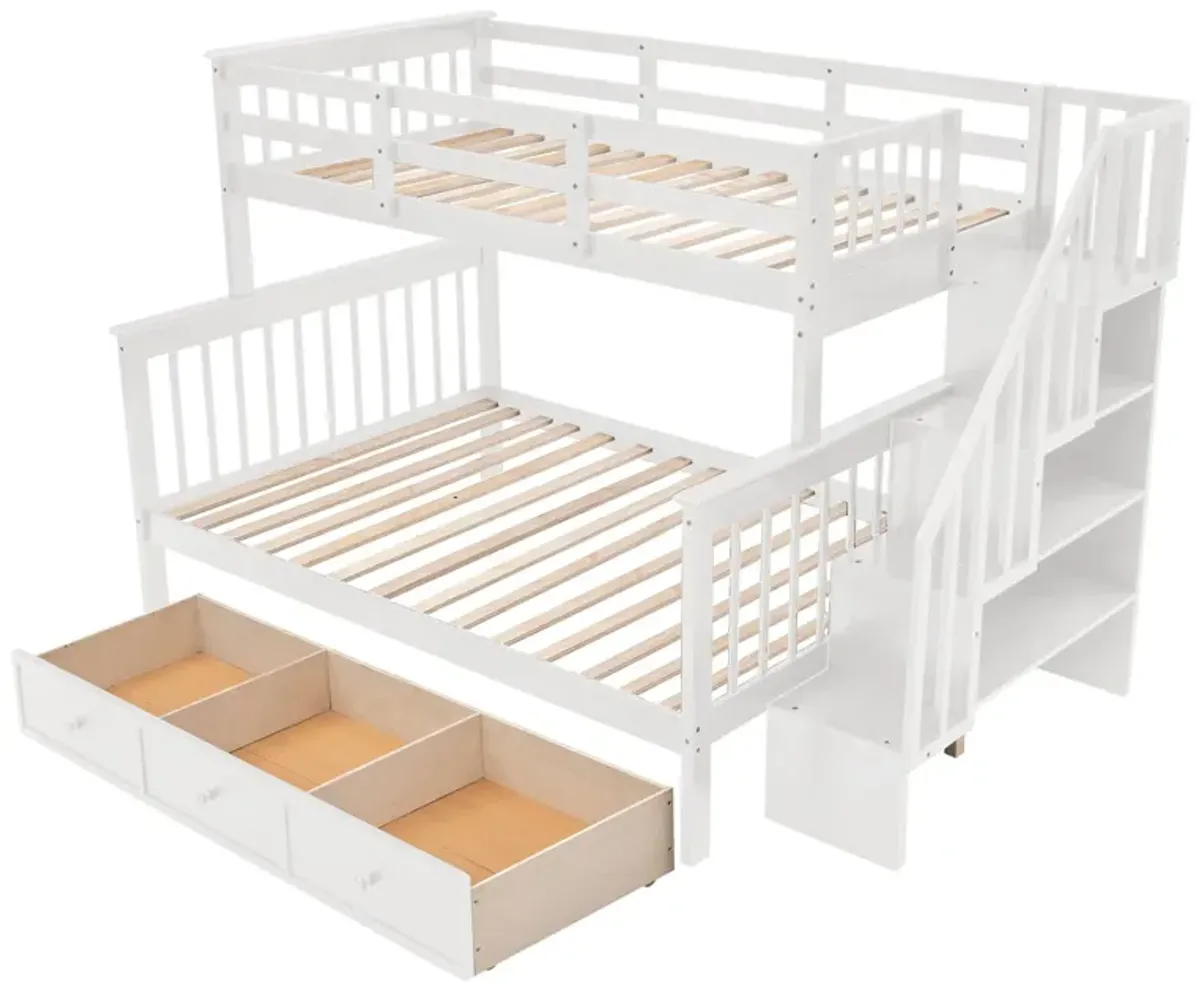 Twin Over Full Stairway Bunk Bed With Drawer, Storage And Guard Rail For Bedroom, Dorm, For Adults