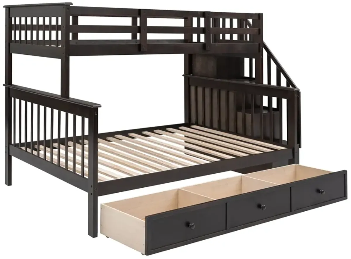 Twin Over Full Stairway Bunk Bed With Drawer, Storage And Guard Rail For Bedroom, Dorm, For Adults