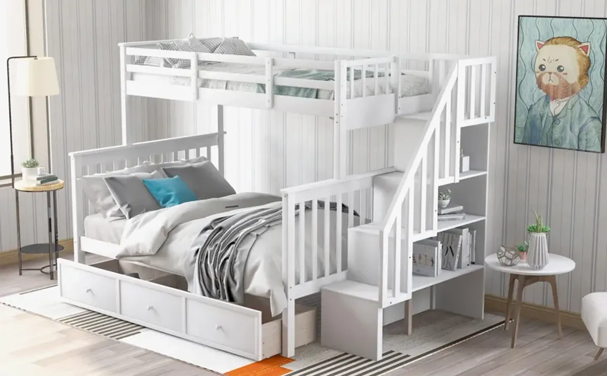 Twin Over Full Stairway Bunk Bed With Drawer, Storage And Guard Rail For Bedroom, Dorm, For Adults