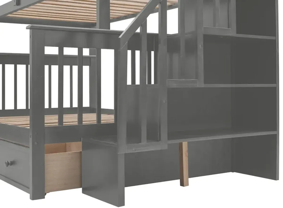 Twin Over Full Stairway Bunk Bed With Drawer, Storage And Guard Rail For Bedroom, Dorm, For Adults