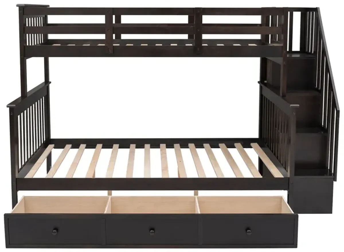 Twin Over Full Stairway Bunk Bed With Drawer, Storage And Guard Rail For Bedroom, Dorm, For Adults