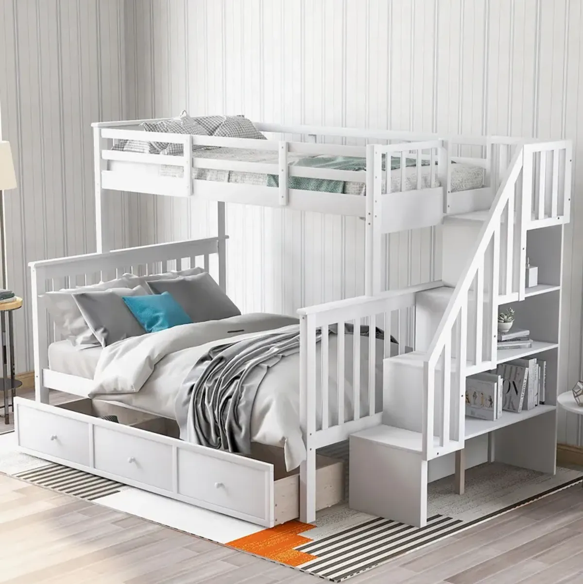 Twin Over Full Stairway Bunk Bed With Drawer, Storage And Guard Rail For Bedroom, Dorm, For Adults