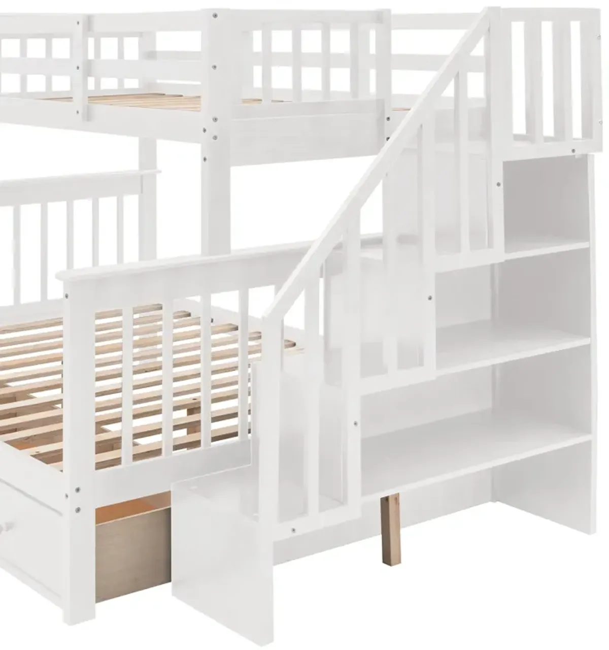 Twin Over Full Stairway Bunk Bed With Drawer, Storage And Guard Rail For Bedroom, Dorm, For Adults