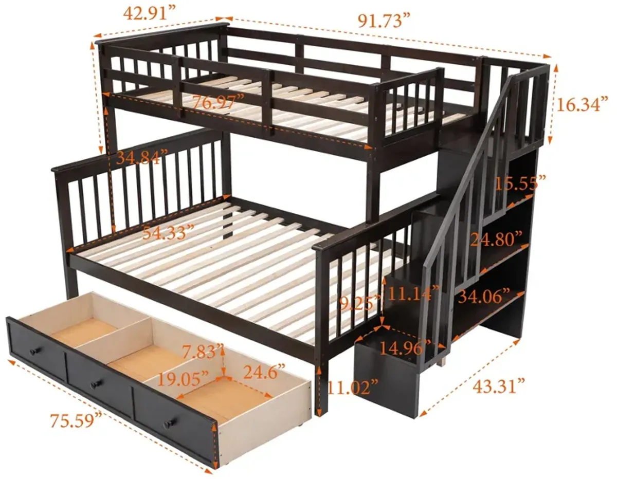 Twin Over Full Stairway Bunk Bed With Drawer, Storage And Guard Rail For Bedroom, Dorm, For Adults