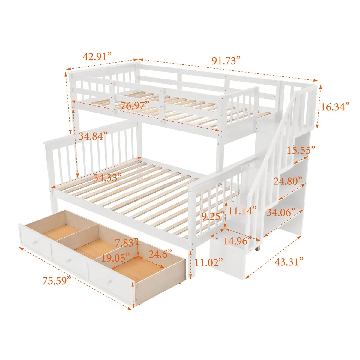 Twin Over Full Stairway Bunk Bed With Drawer, Storage And Guard Rail For Bedroom, Dorm, For Adults