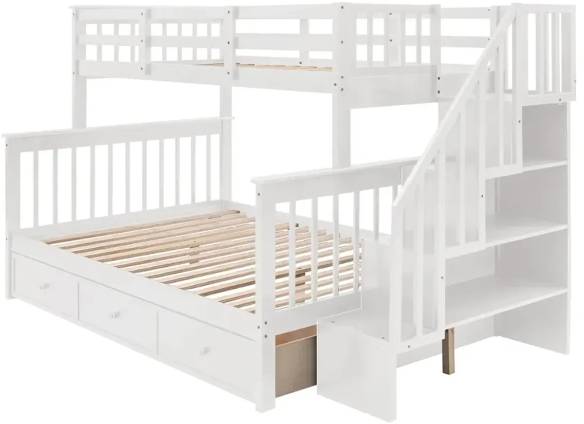 Twin Over Full Stairway Bunk Bed With Drawer, Storage And Guard Rail For Bedroom, Dorm, For Adults