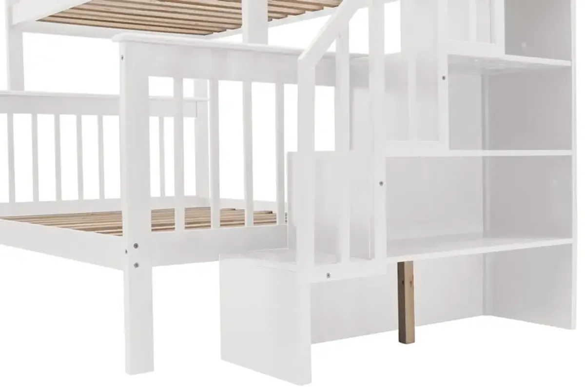 Twin Over Full Stairway Bunk Bed With Drawer, Storage And Guard Rail For Bedroom, Dorm, For Adults