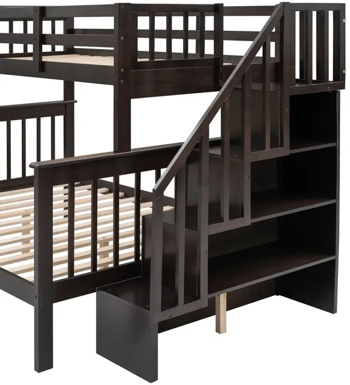 Twin Over Full Stairway Bunk Bed With Drawer, Storage And Guard Rail For Bedroom, Dorm, For Adults