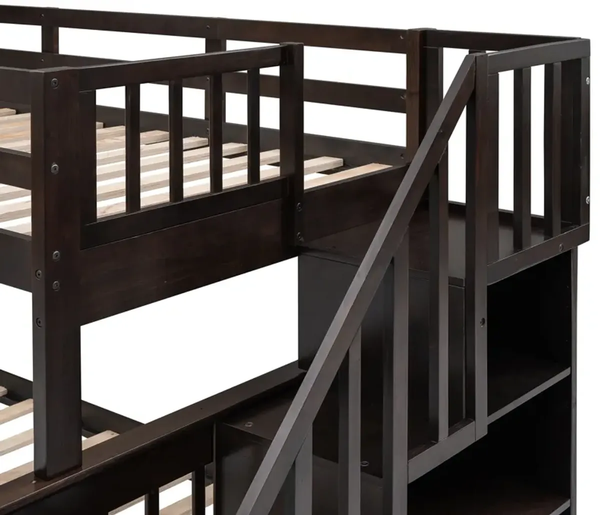 Twin Over Full Stairway Bunk Bed With Drawer, Storage And Guard Rail For Bedroom, Dorm, For Adults