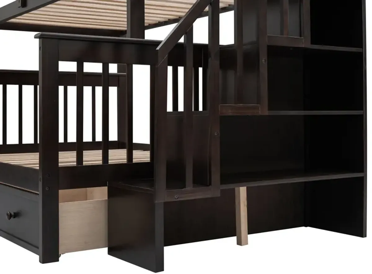 Twin Over Full Stairway Bunk Bed With Drawer, Storage And Guard Rail For Bedroom, Dorm, For Adults