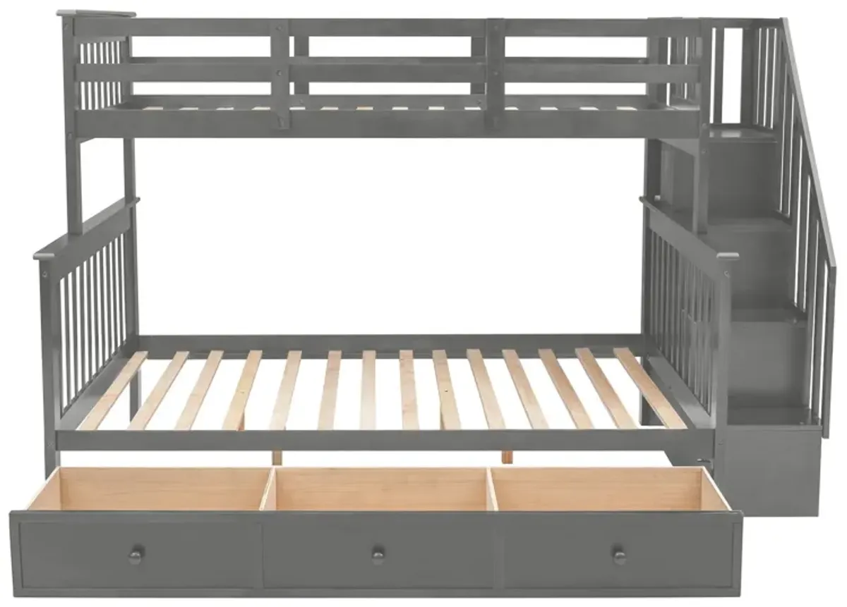 Twin Over Full Stairway Bunk Bed With Drawer, Storage And Guard Rail For Bedroom, Dorm, For Adults