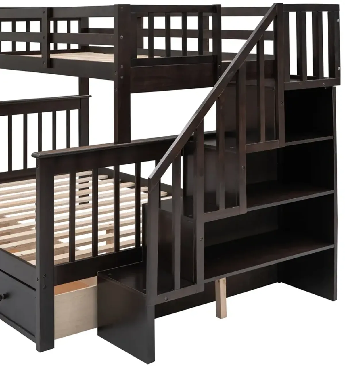 Twin Over Full Stairway Bunk Bed With Drawer, Storage And Guard Rail For Bedroom, Dorm, For Adults