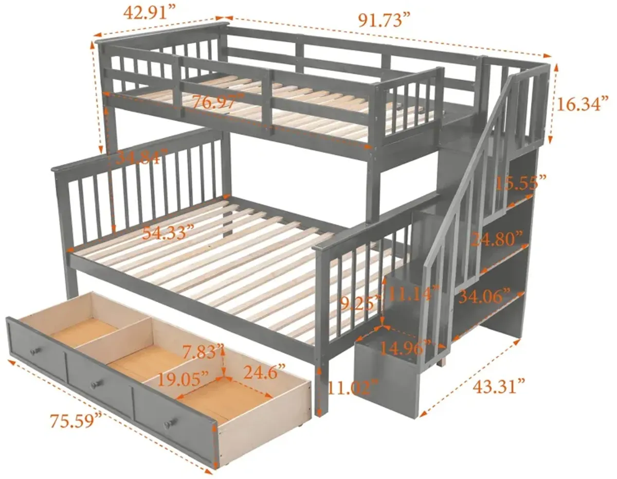 Twin Over Full Stairway Bunk Bed With Drawer, Storage And Guard Rail For Bedroom, Dorm, For Adults