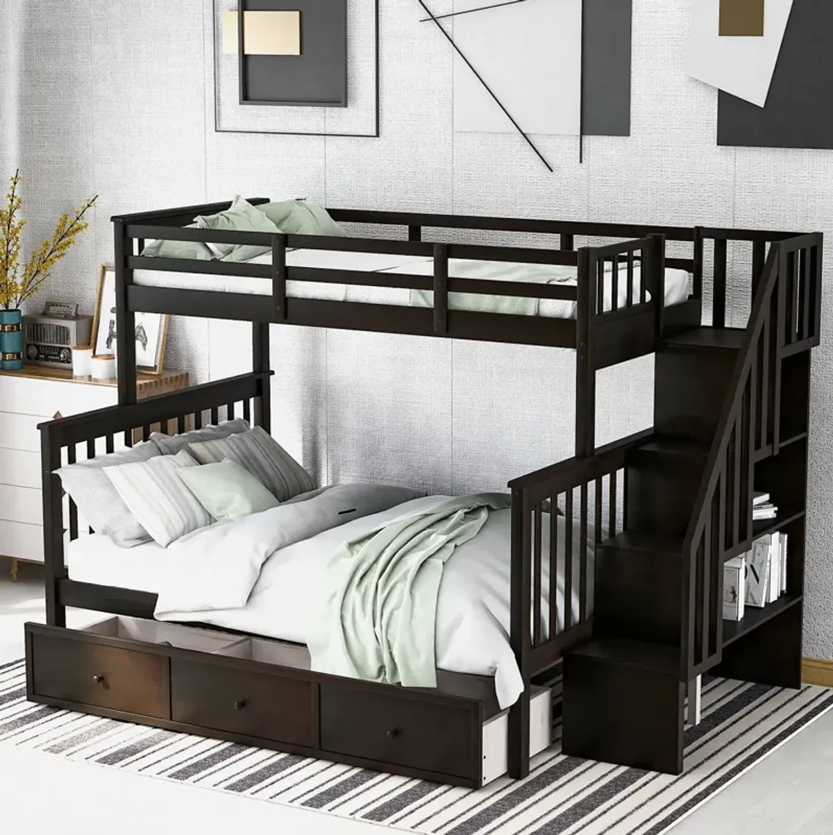 Twin Over Full Stairway Bunk Bed With Drawer, Storage And Guard Rail For Bedroom, Dorm, For Adults