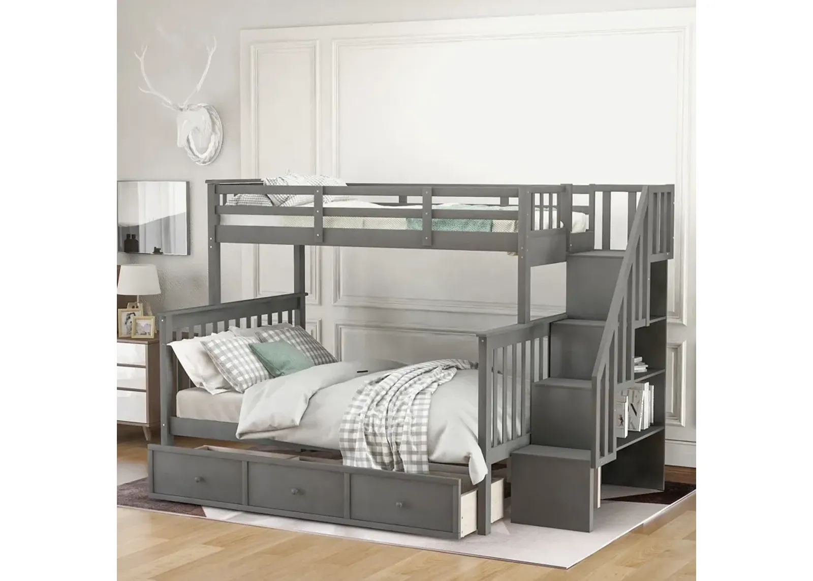 Twin Over Full Stairway Bunk Bed With Drawer, Storage And Guard Rail For Bedroom, Dorm, For Adults