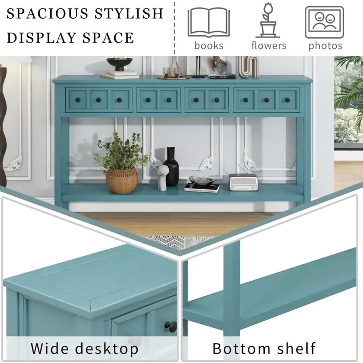 Rustic Entryway Console Table Long Sofa Table With Two Different Size Drawers And Bottom Shelf For Storage