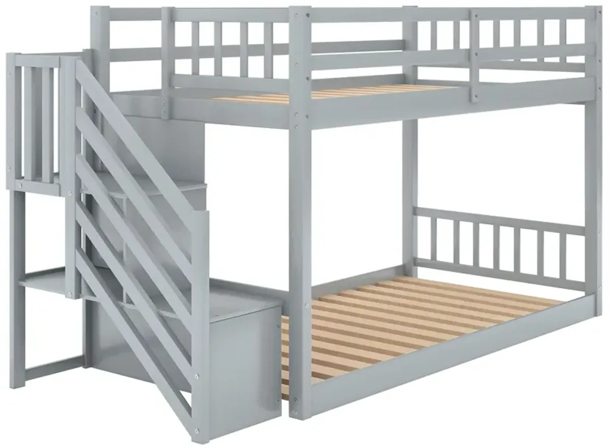 Twin Over Twin Floor Bunk Bed, Ladder With Storage