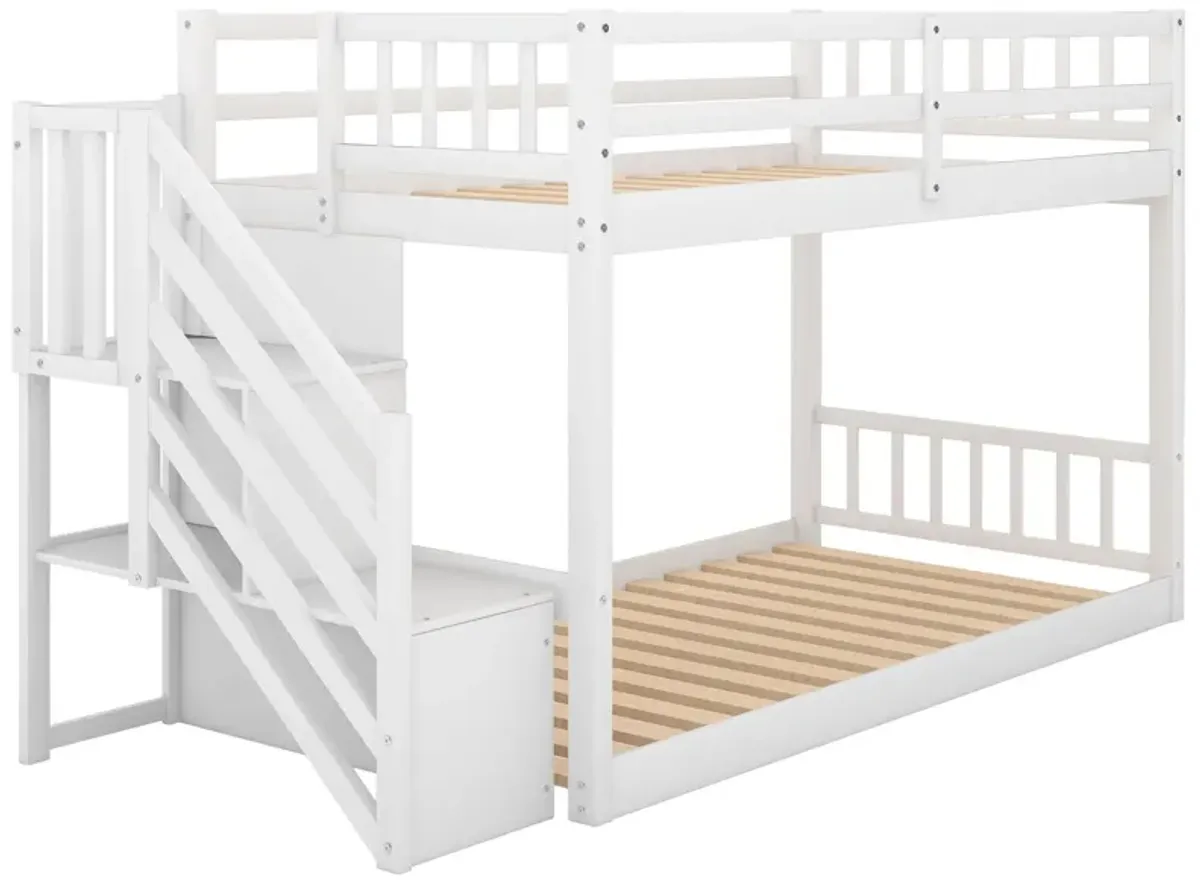 Twin Over Twin Floor Bunk Bed, Ladder With Storage