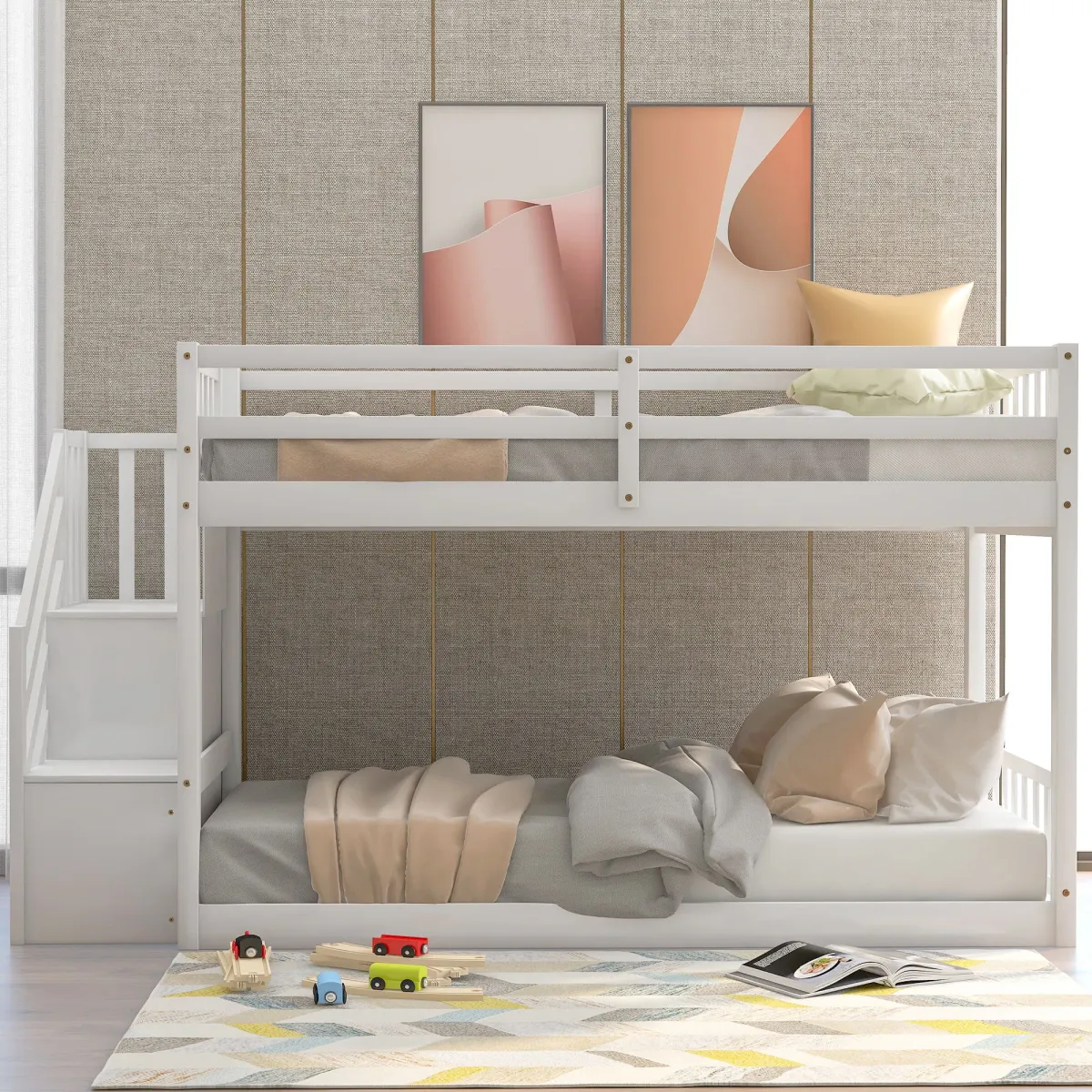 Twin Over Twin Floor Bunk Bed, Ladder With Storage