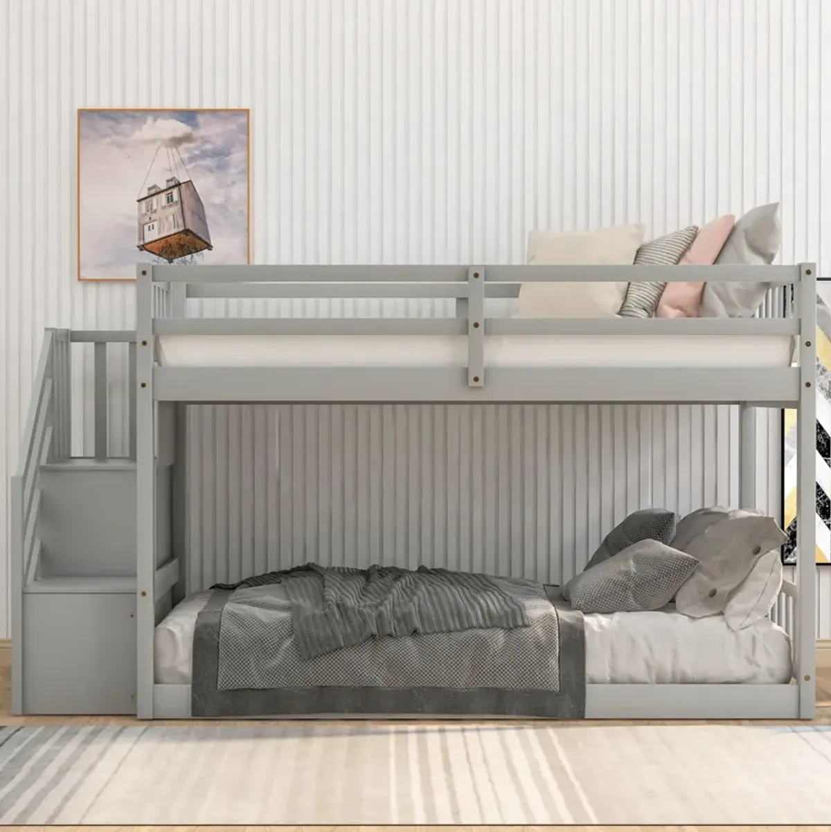 Twin Over Twin Floor Bunk Bed, Ladder With Storage