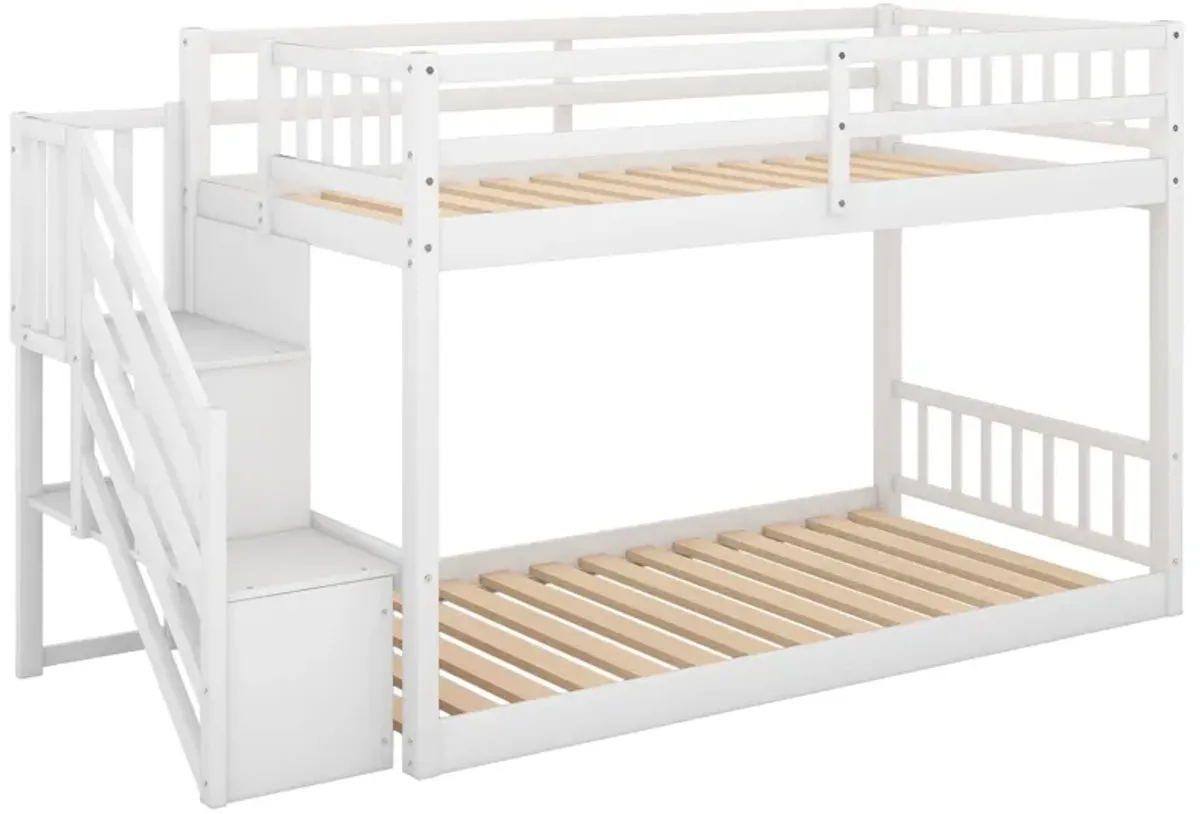 Twin Over Twin Floor Bunk Bed, Ladder With Storage