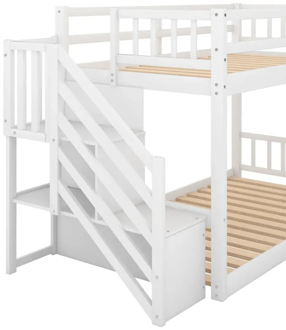 Twin Over Twin Floor Bunk Bed, Ladder With Storage