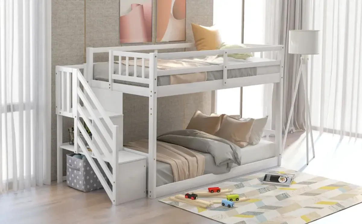 Twin Over Twin Floor Bunk Bed, Ladder With Storage