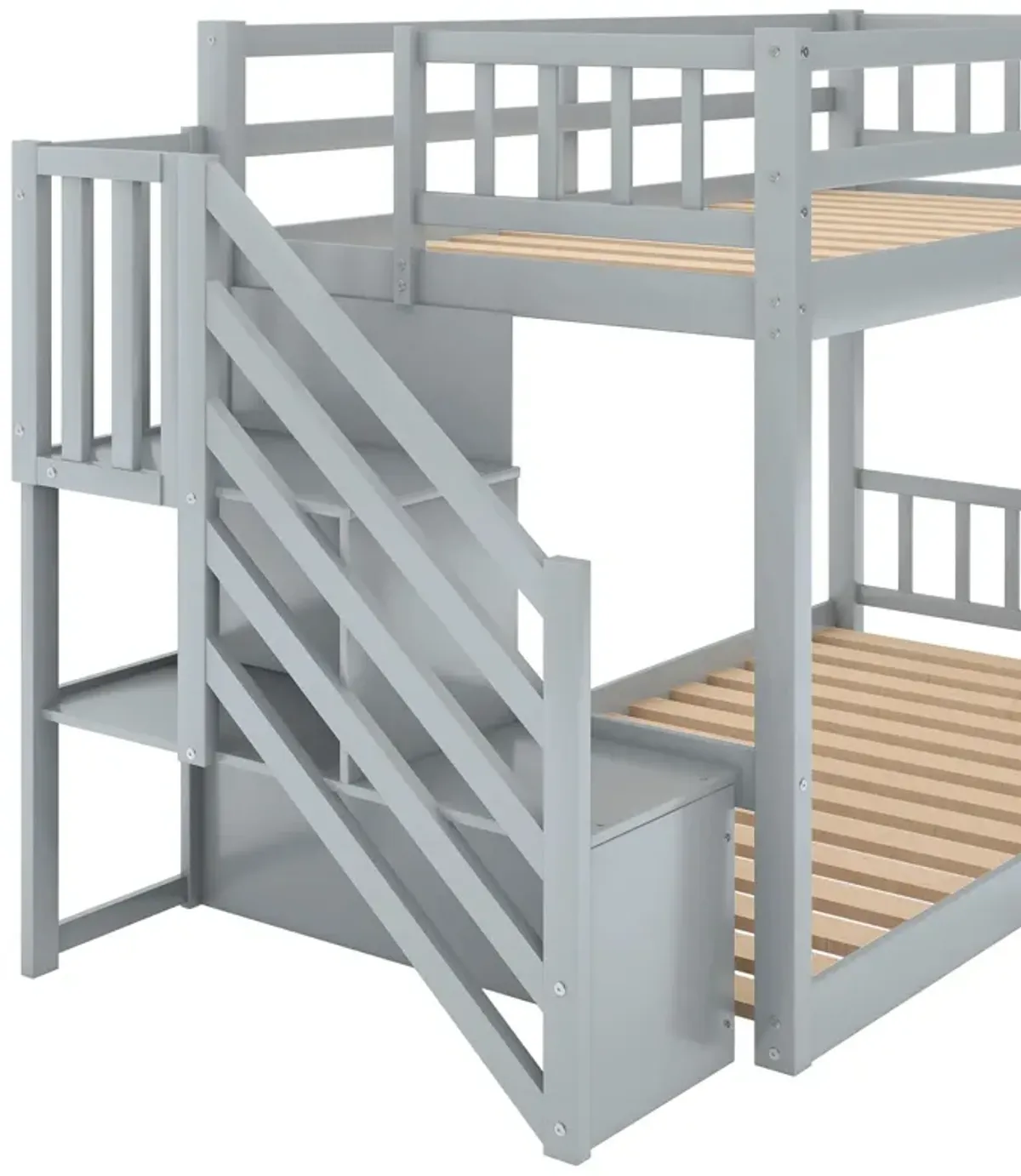 Twin Over Twin Floor Bunk Bed, Ladder With Storage