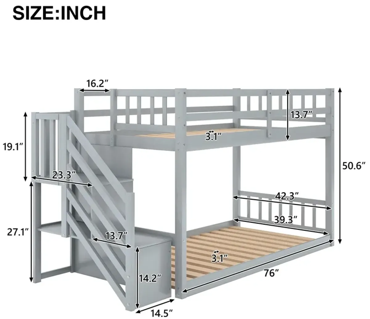 Twin Over Twin Floor Bunk Bed, Ladder With Storage