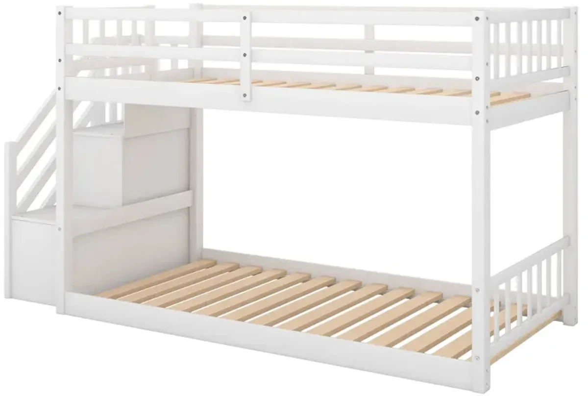 Twin Over Twin Floor Bunk Bed, Ladder With Storage