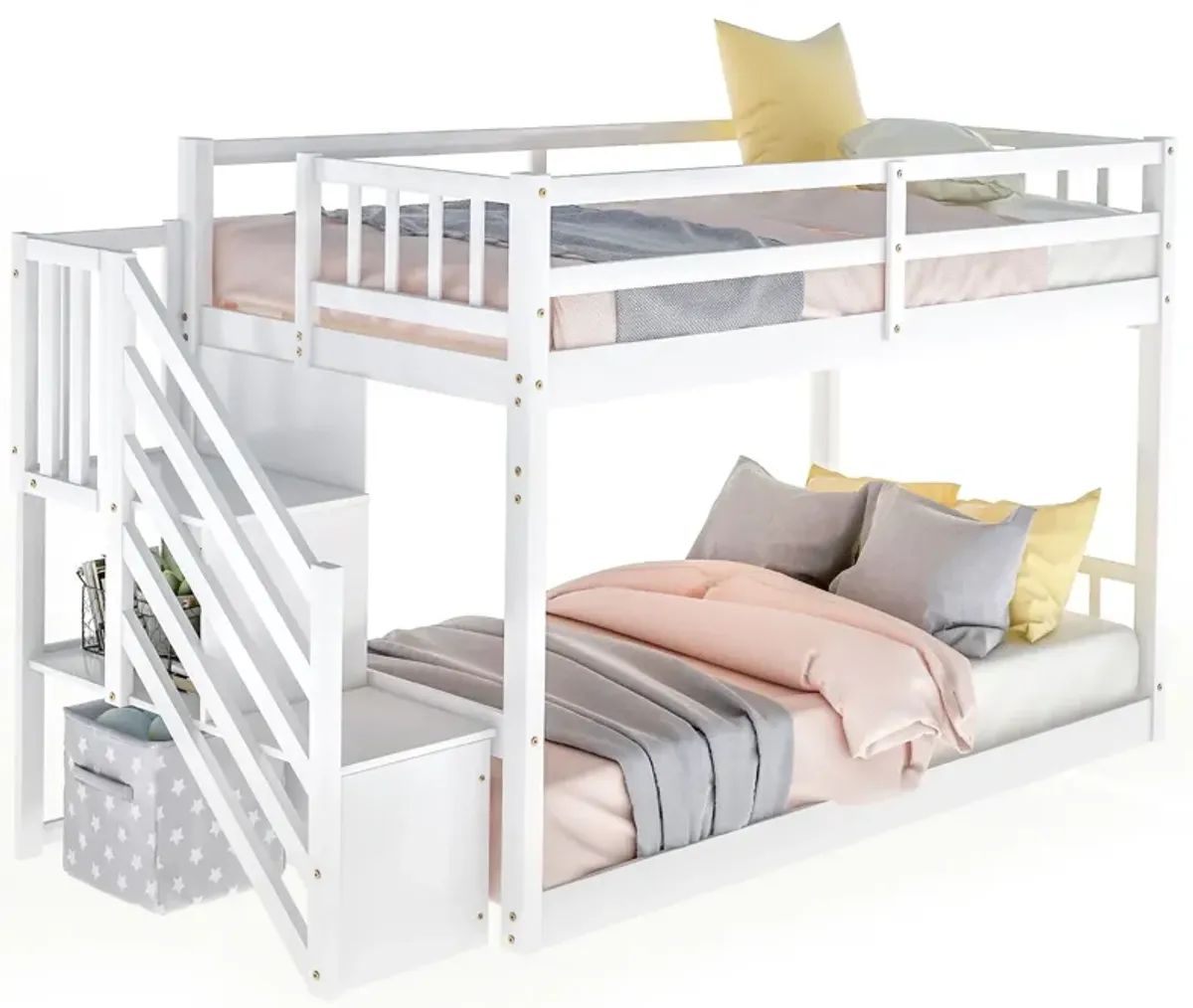 Twin Over Twin Floor Bunk Bed, Ladder With Storage