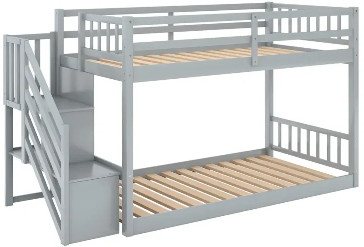 Twin Over Twin Floor Bunk Bed, Ladder With Storage