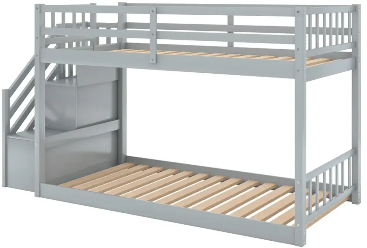 Twin Over Twin Floor Bunk Bed, Ladder With Storage