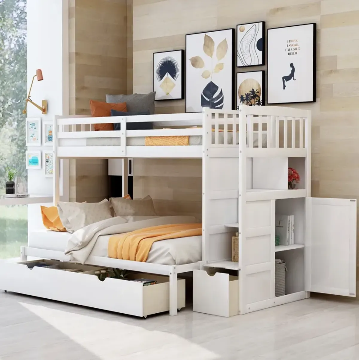 Bunk Bed, Convertible Bottom Bed, Storage Shelves And Drawers