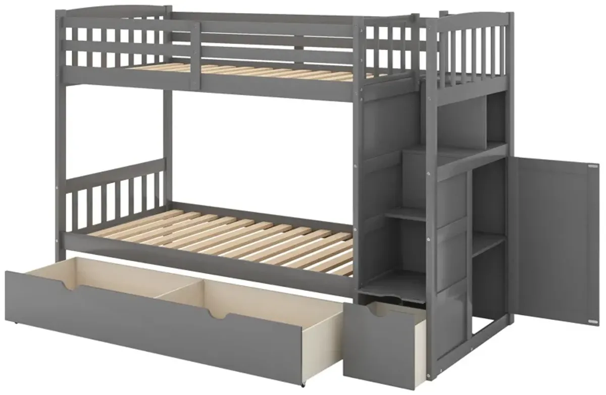 Bunk Bed, Convertible Bottom Bed, Storage Shelves And Drawers