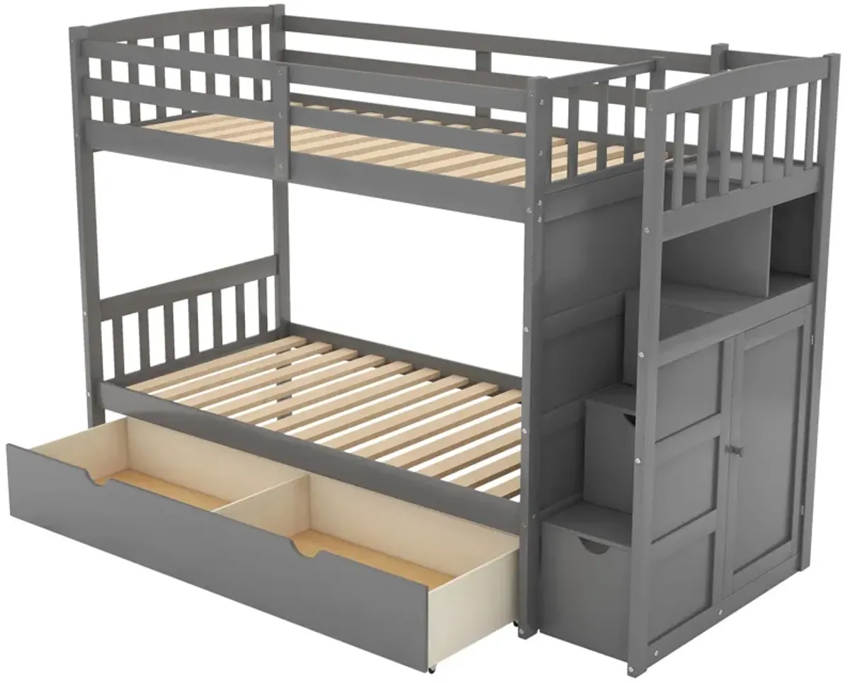 Bunk Bed, Convertible Bottom Bed, Storage Shelves And Drawers